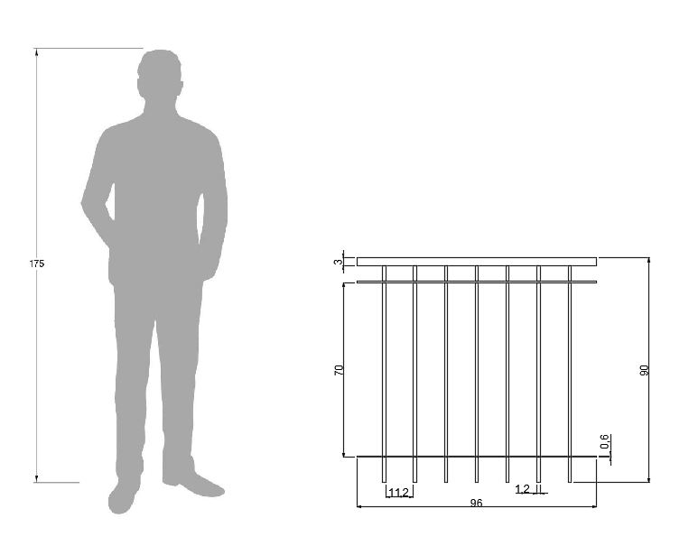 Technische Zeichnung Geländer Ancona 96cm
