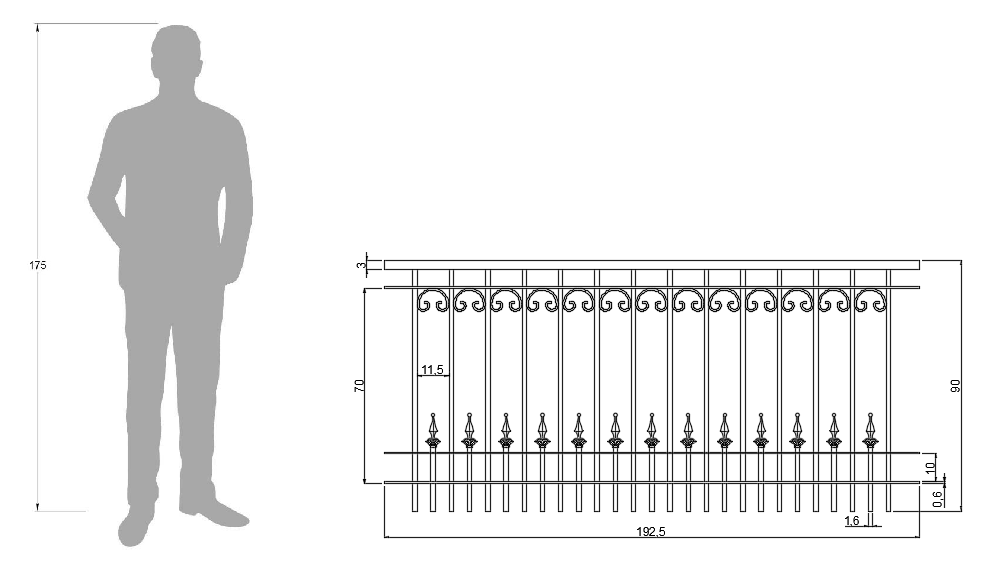 Technische Zeichnung Geländer Lucca 192,5cm