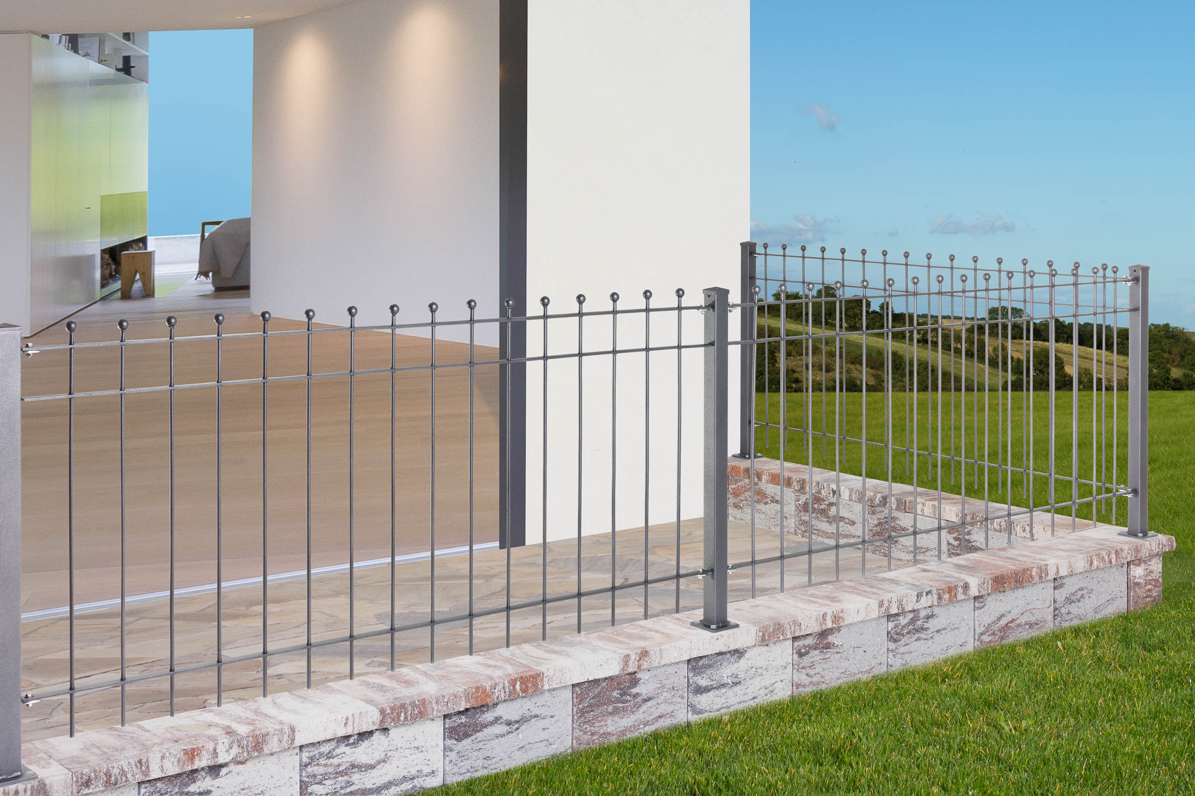 Zaun Como als Terrassenabgrenzung auf Steinmauer montiert | Pulverbeschichtet Anthrazit